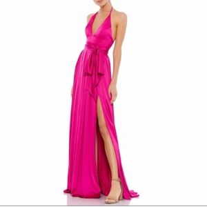 Ieena Mac Duggal Charmeuse Halter Soft Tie Maxi Gown NWT 6 Magenta Maxi Dress